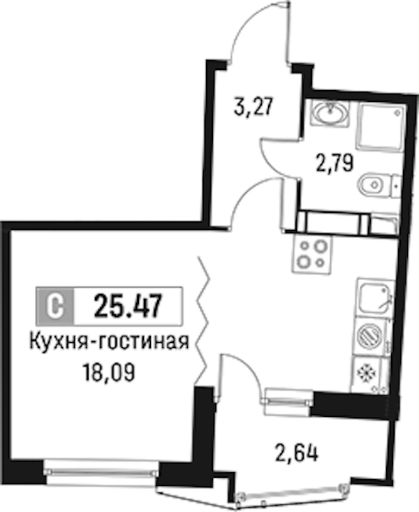 Квартира студия 25.47 м², 3/18 эт., ЖК «Авиатор»