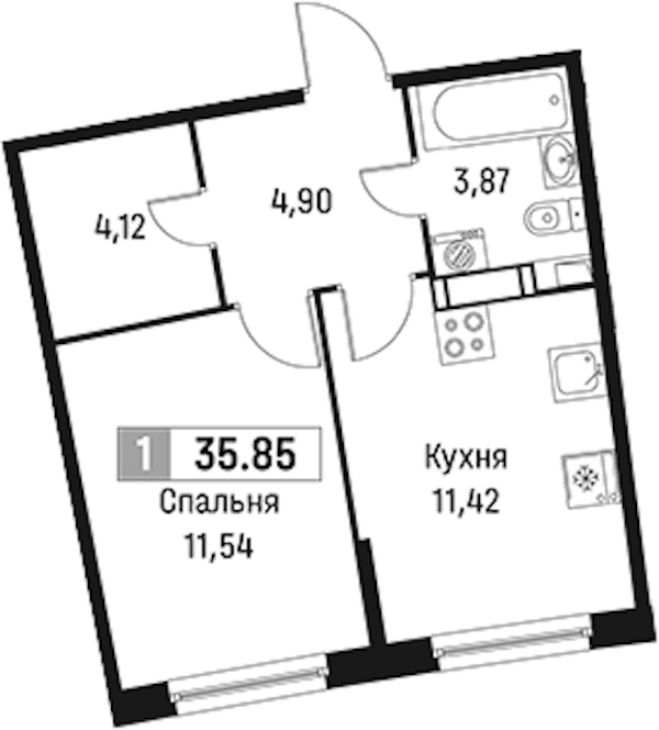 1-комнатная квартира 35.85 м², 4/18 эт., ЖК «Авиатор»