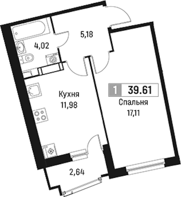 1-комнатная квартира 39.61 м², 4/18 эт., ЖК «Авиатор»