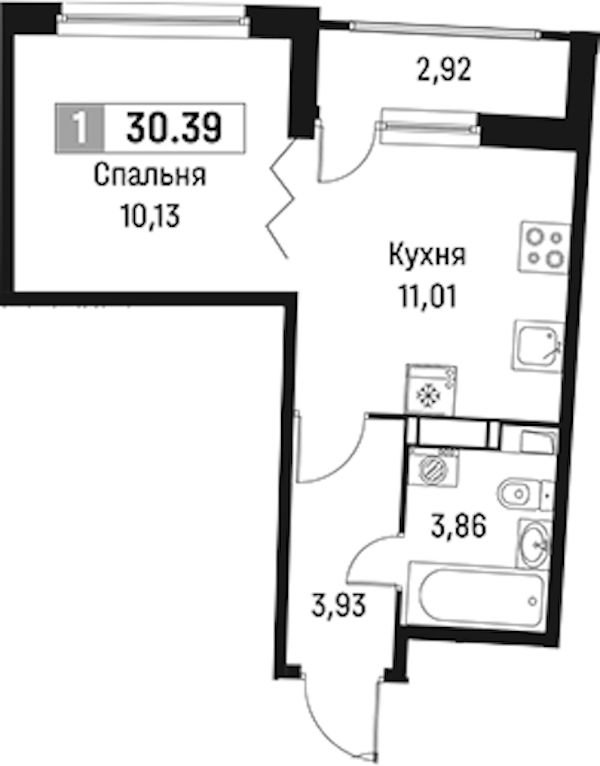 1-комнатная квартира 30.39 м², 4/18 эт., ЖК «Авиатор»