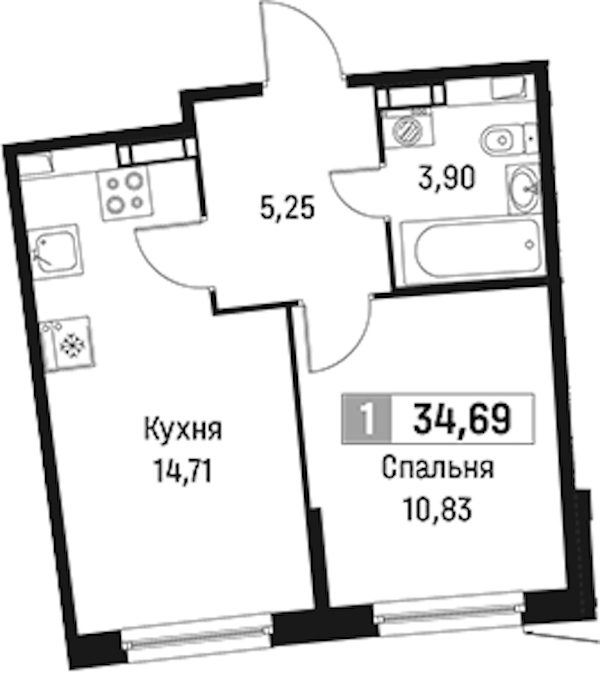 1-комнатная квартира 34.69 м², 5/18 эт., ЖК «Авиатор»