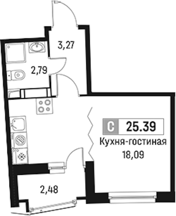 Квартира студия 25.39 м², 6/18 эт., ЖК «Авиатор»