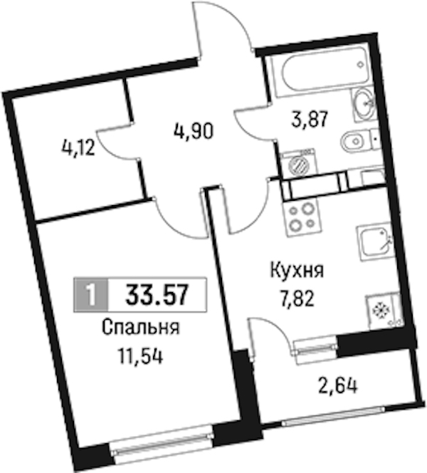 1-комнатная квартира 33.57 м², 6/18 эт., ЖК «Авиатор»