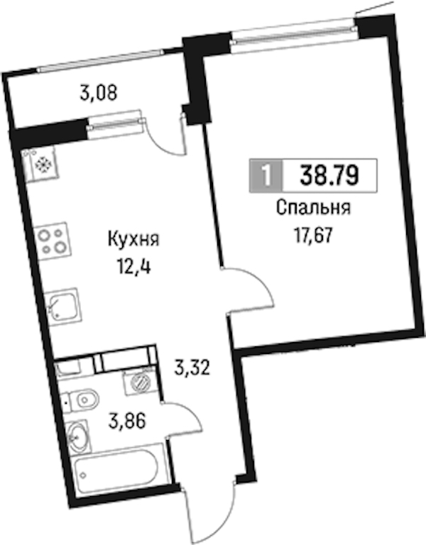 1-комнатная квартира 38.79 м², 6/18 эт., ЖК «Авиатор»