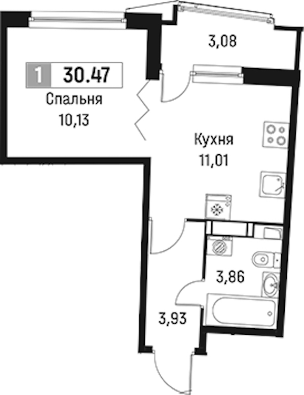 1-комнатная квартира 30.47 м², 6/18 эт., ЖК «Авиатор»