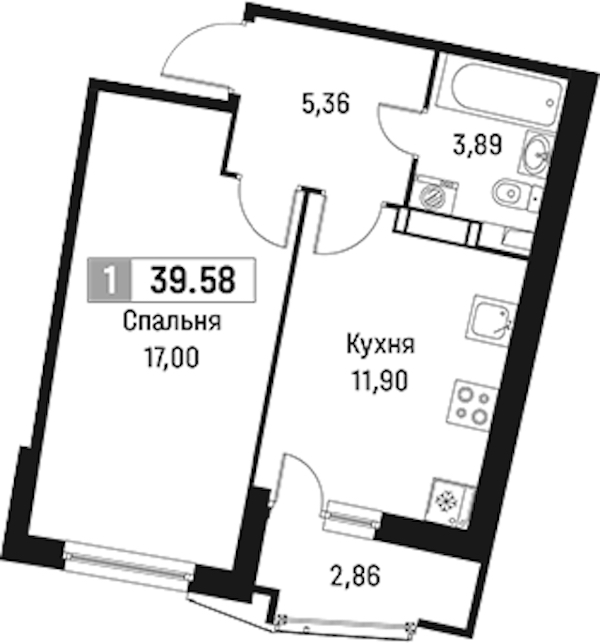 1-комнатная квартира 39.58 м², 6/18 эт., ЖК «Авиатор»