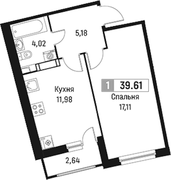 1-комнатная квартира 39.61 м², 8/18 эт., ЖК «Авиатор»