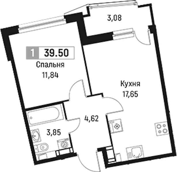 1-комнатная квартира 39.5 м², 8/18 эт., ЖК «Авиатор»