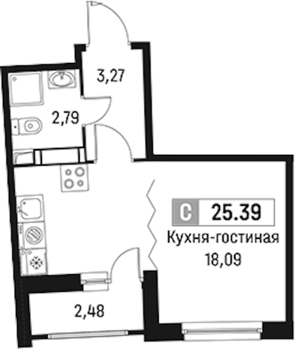 Квартира студия 25.39 м², 9/18 эт., ЖК «Авиатор»