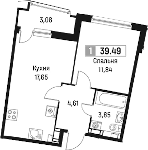 1-комнатная квартира 39.49 м², 9/18 эт., ЖК «Авиатор»