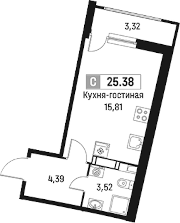 Квартира студия 25.38 м², 9/18 эт., ЖК «Авиатор»