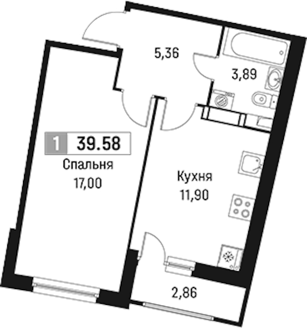 1-комнатная квартира 39.58 м², 9/18 эт., ЖК «Авиатор»