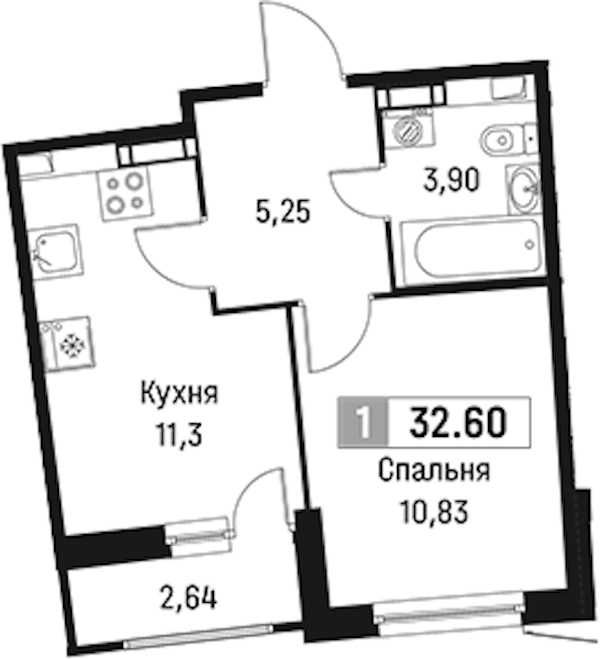 1-комнатная квартира 32.6 м², 11/18 эт., ЖК «Авиатор»