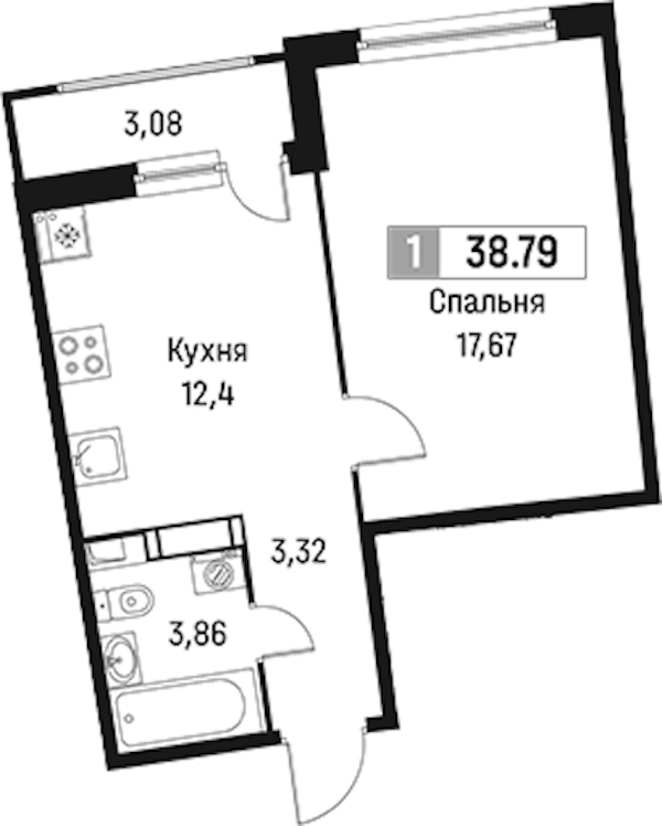 1-комнатная квартира 38.79 м², 11/18 эт., ЖК «Авиатор»