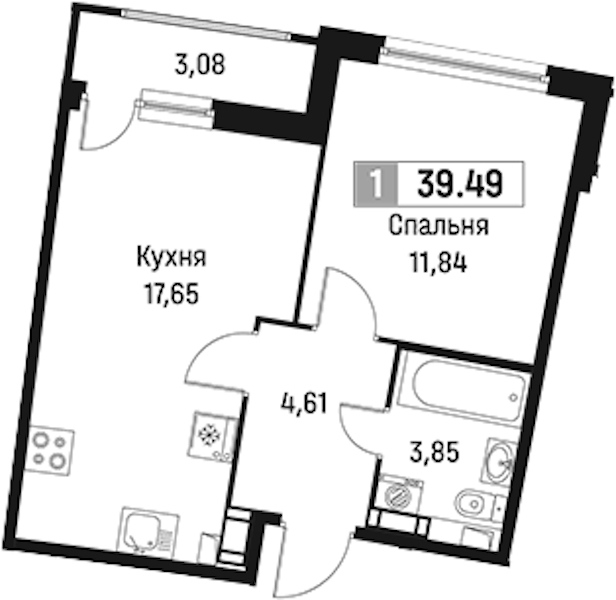 1-комнатная квартира 39.49 м², 11/18 эт., ЖК «Авиатор»