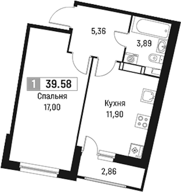 1-комнатная квартира 39.58 м², 12/18 эт., ЖК «Авиатор»