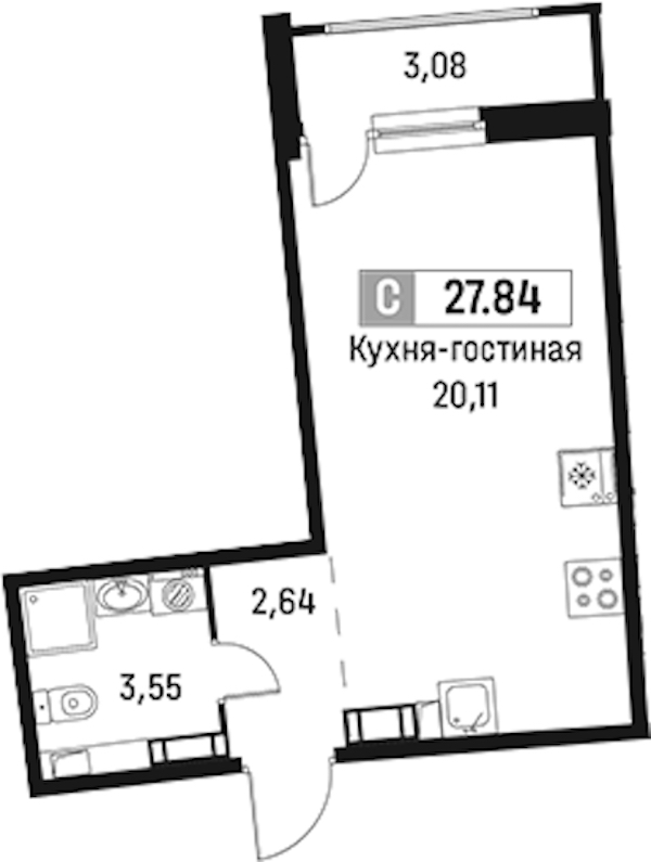 Квартира студия 27.84 м², 14/18 эт., ЖК «Авиатор»