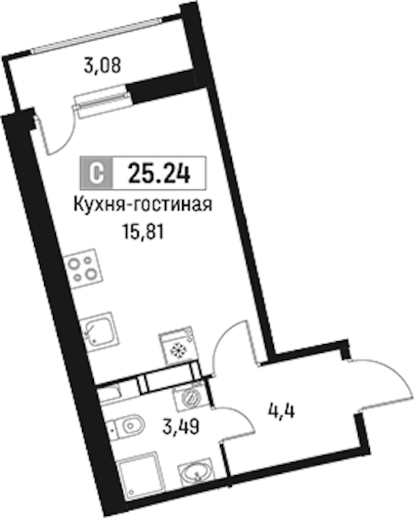 Квартира студия 25.24 м², 15/18 эт., ЖК «Авиатор»