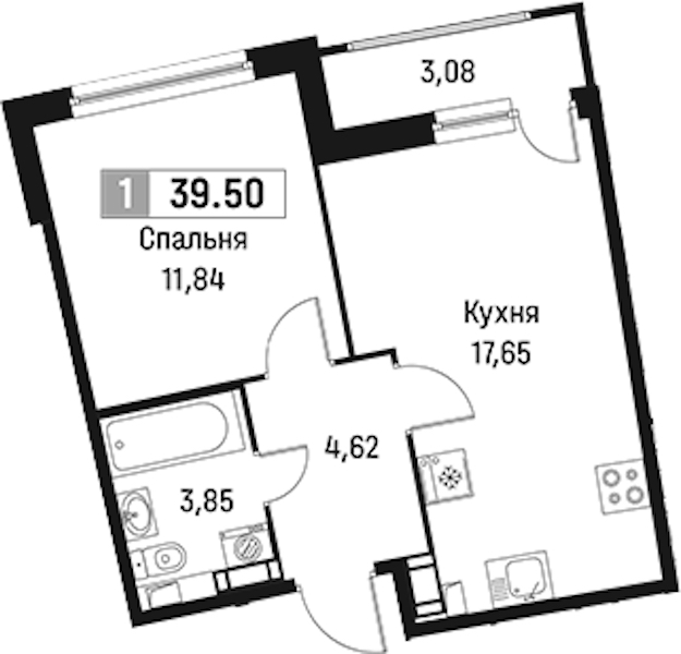 1-комнатная квартира 39.5 м², 15/18 эт., ЖК «Авиатор»