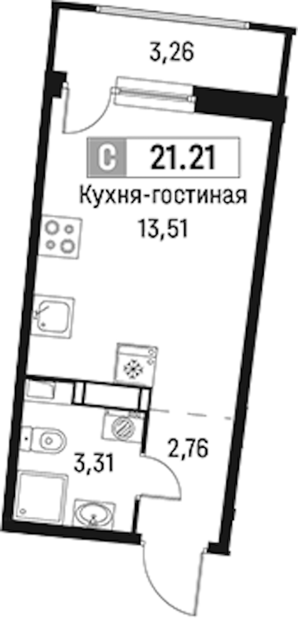 Квартира студия 21.21 м², 16/18 эт., ЖК «Авиатор»