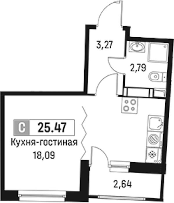 Квартира студия 25.47 м², 16/18 эт., ЖК «Авиатор»