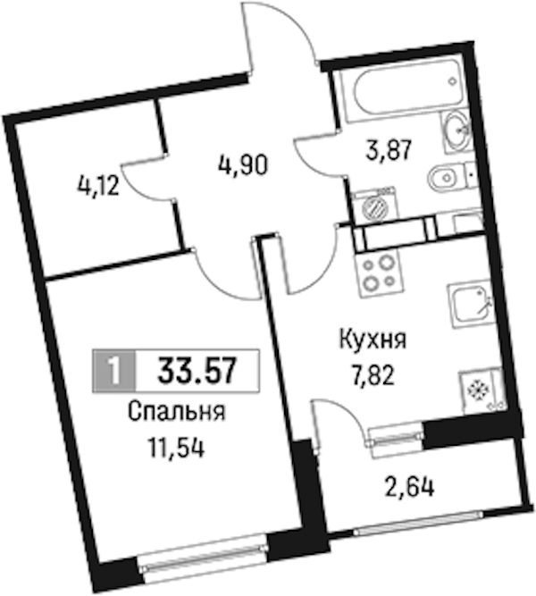 1-комнатная квартира 33.57 м², 17/18 эт., ЖК «Авиатор»