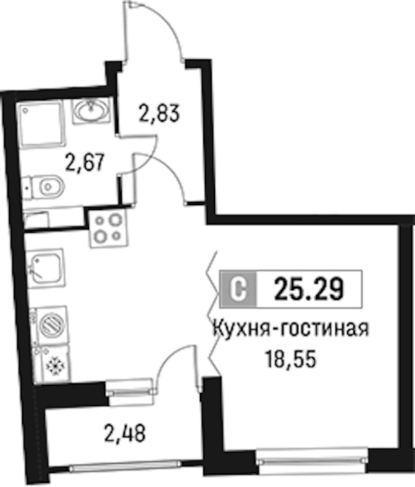 Квартира студия 25.29 м², 2/18 эт., ЖК «Авиатор»