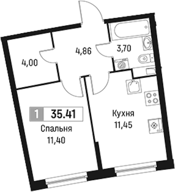 1-комнатная квартира 35.41 м², 2/18 эт., ЖК «Авиатор»