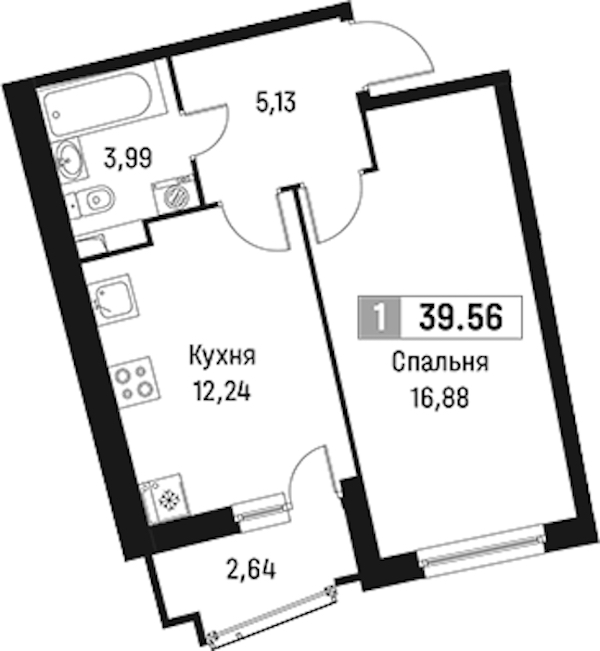 1-комнатная квартира 39.56 м², 2/18 эт., ЖК «Авиатор»