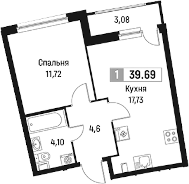 1-комнатная квартира 39.69 м², 2/18 эт., ЖК «Авиатор»