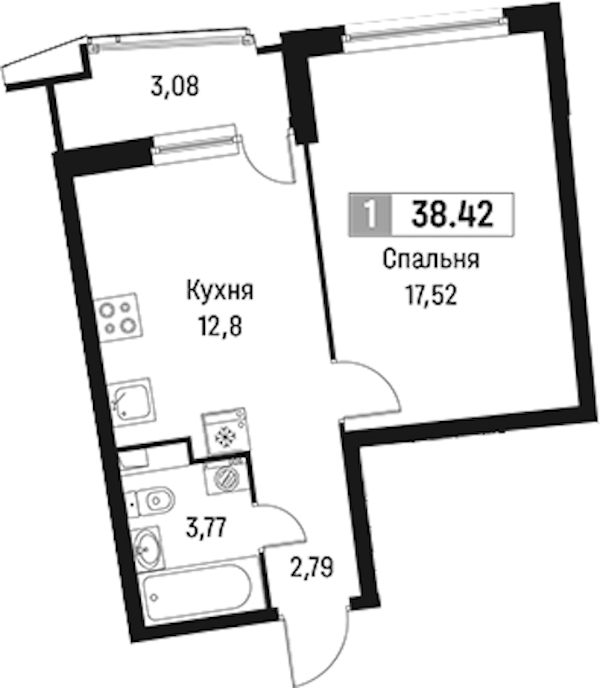 1-комнатная квартира 38.42 м², 2/18 эт., ЖК «Авиатор»