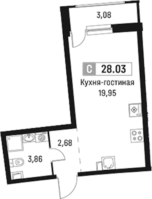 Квартира студия 28.03 м², 2/18 эт., ЖК «Авиатор»