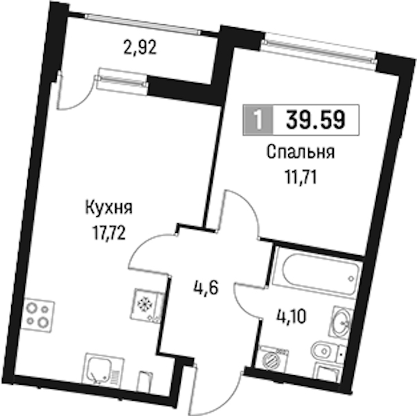 1-комнатная квартира 39.59 м², 2/18 эт., ЖК «Авиатор»