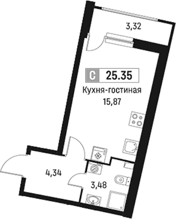 Квартира студия 25.35 м², 2/18 эт., ЖК «Авиатор»