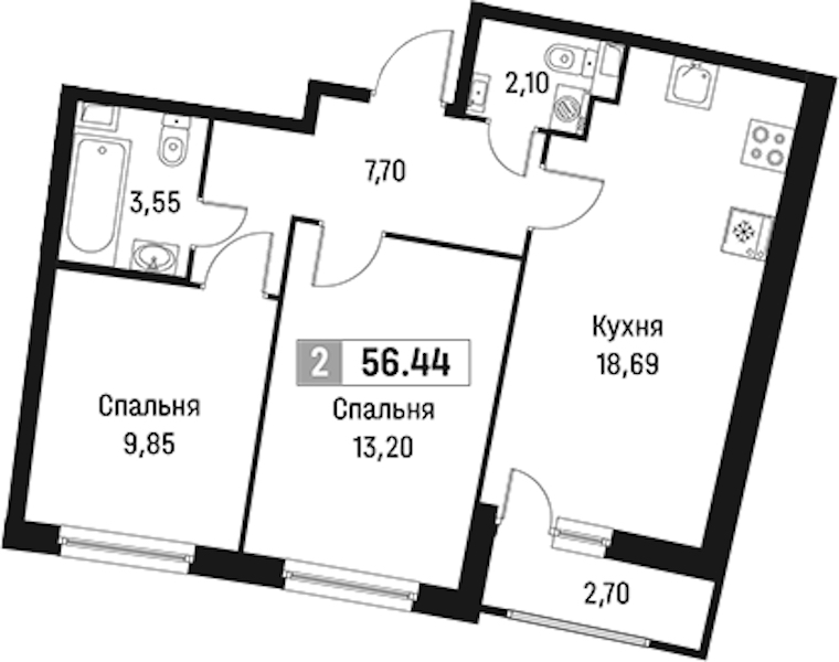 2-комнатная квартира 56.44 м², 2/18 эт., ЖК «Авиатор»