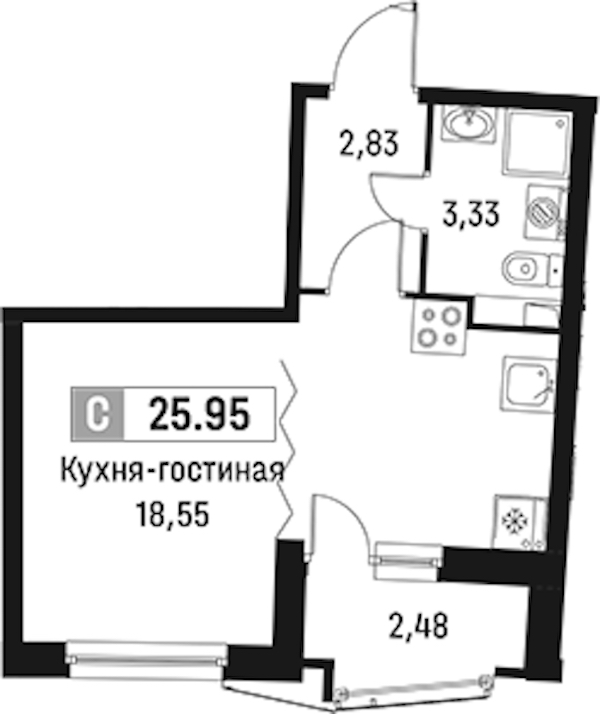 Квартира студия 25.95 м², 2/18 эт., ЖК «Авиатор»