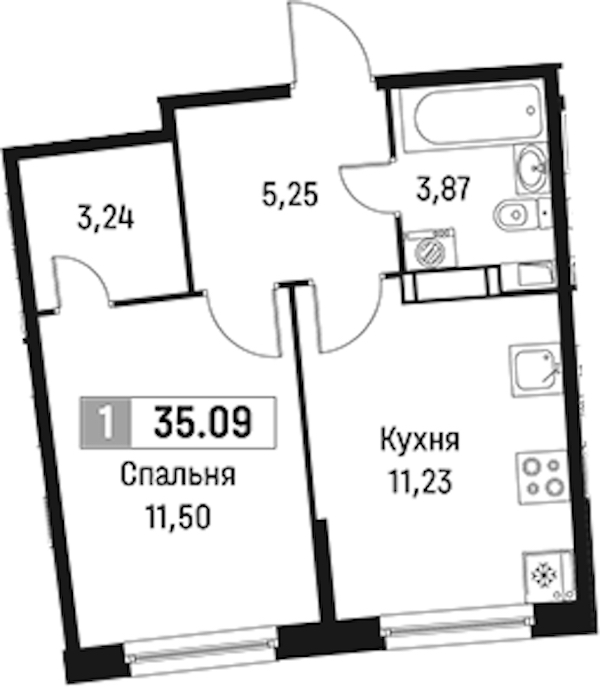 1-комнатная квартира 35.09 м², 3/18 эт., ЖК «Авиатор»