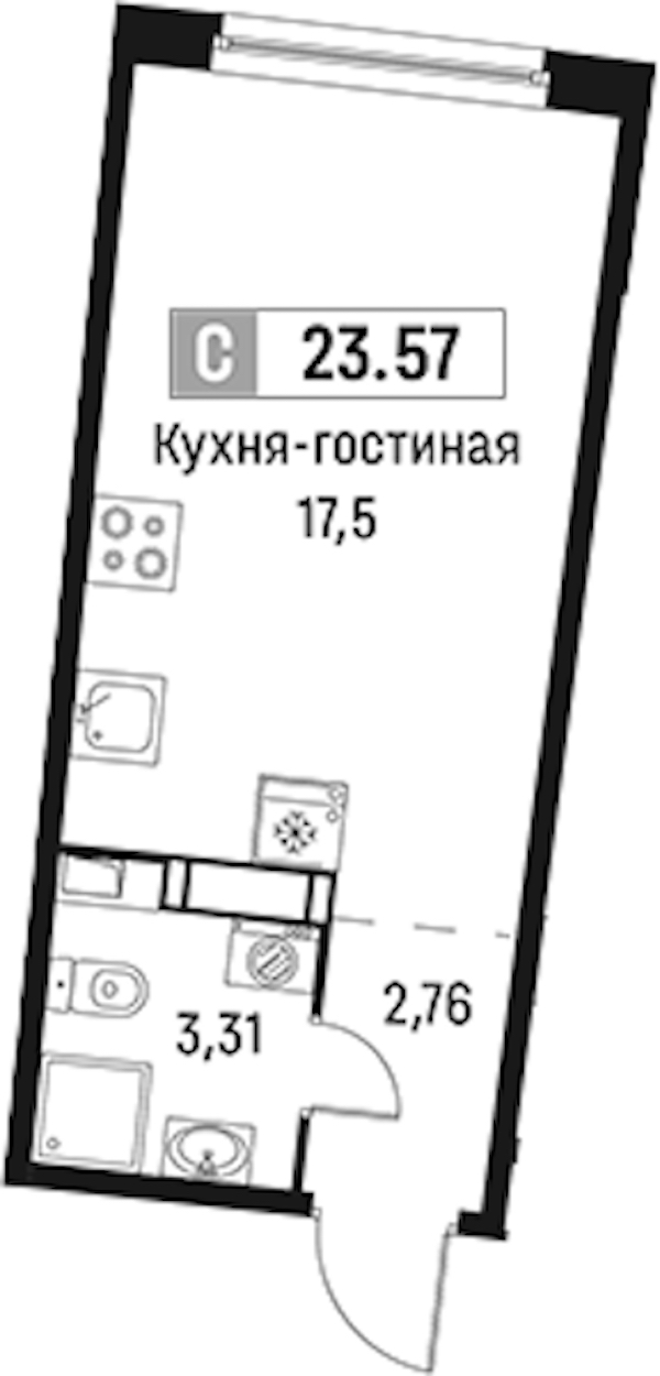 Квартира студия 23.57 м², 3/18 эт., ЖК «Авиатор»