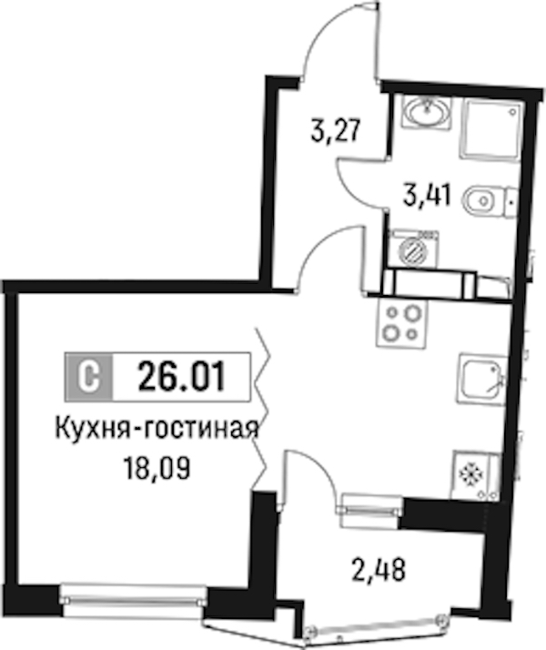 Квартира студия 26.01 м², 3/18 эт., ЖК «Авиатор»
