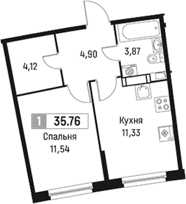 1-комнатная квартира 35.76 м², 4/18 эт., ЖК «Авиатор»