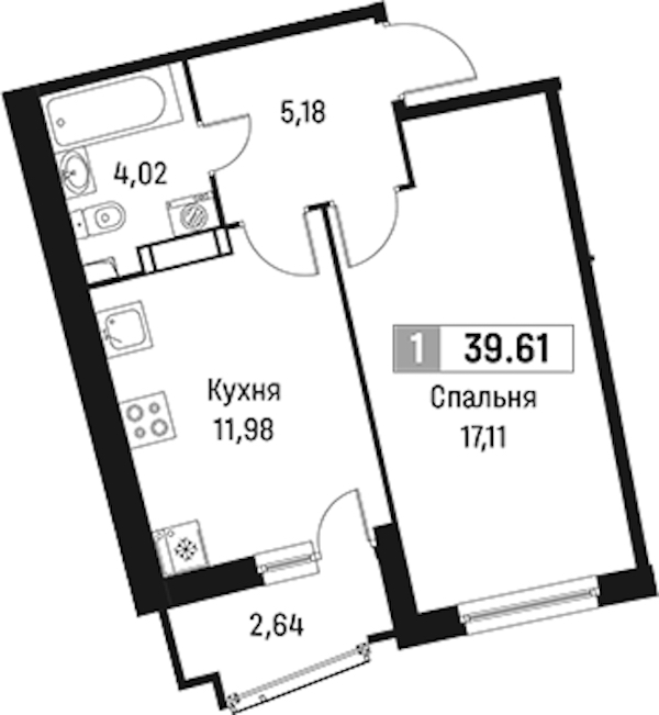 1-комнатная квартира 39.61 м², 4/18 эт., ЖК «Авиатор»