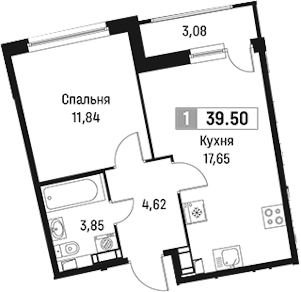 1-комнатная квартира 39.5 м², 4/18 эт., ЖК «Авиатор»