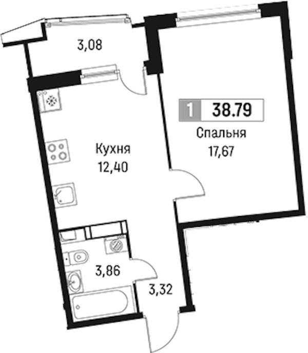 1-комнатная квартира 38.79 м², 4/18 эт., ЖК «Авиатор»