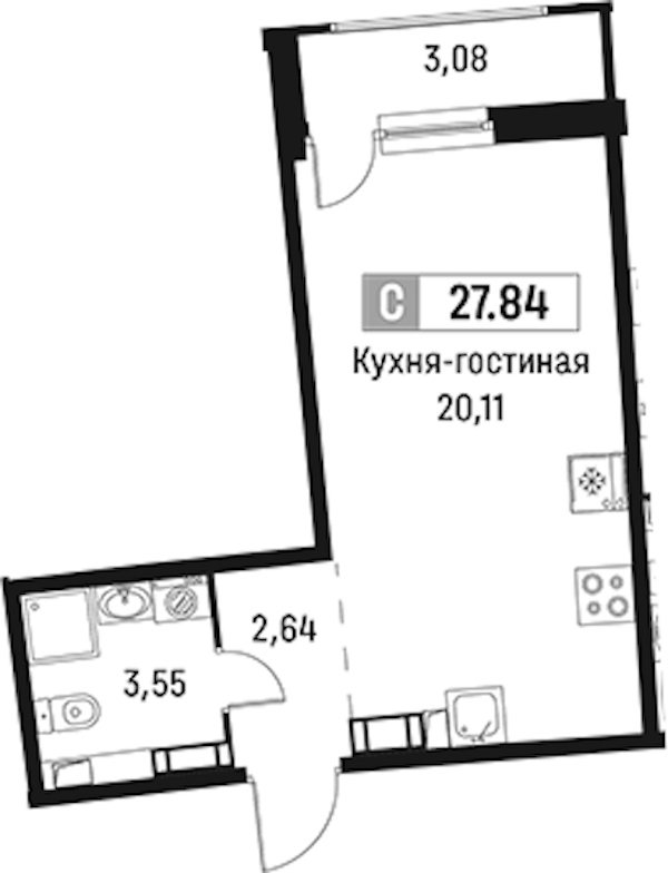 Квартира студия 27.84 м², 4/18 эт., ЖК «Авиатор»