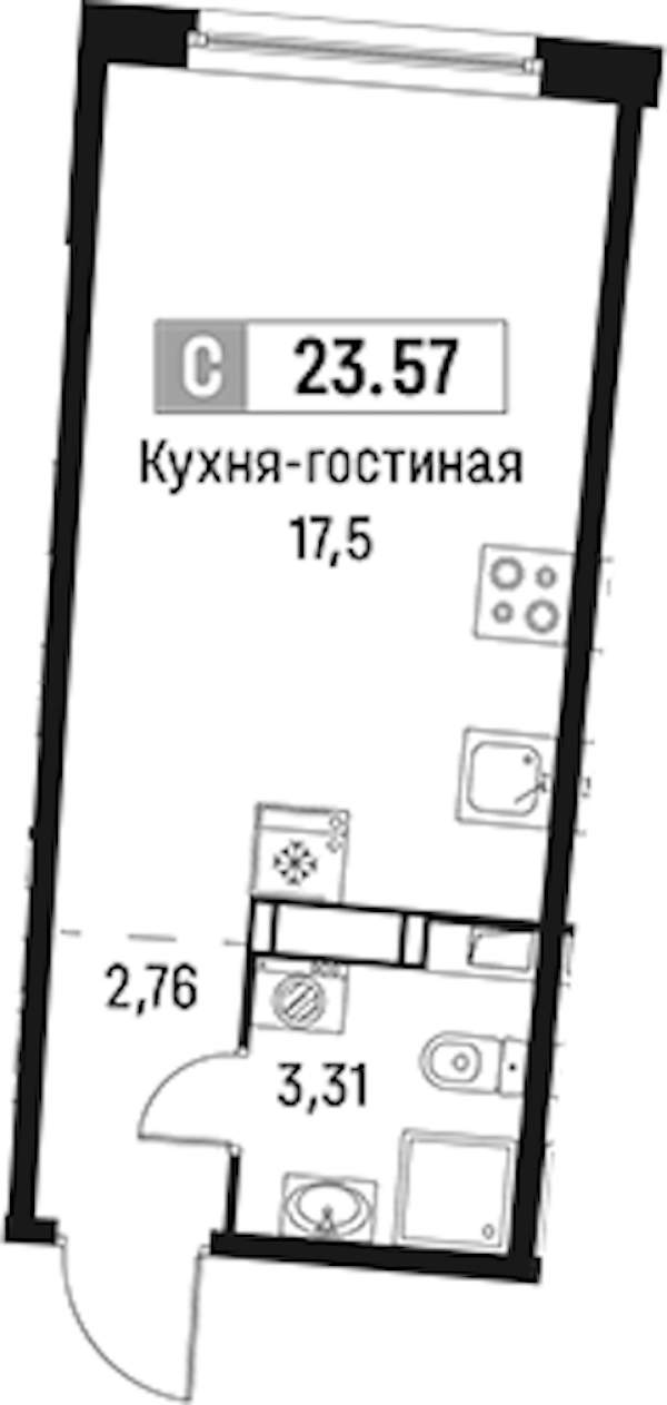 Квартира студия 23.57 м², 4/18 эт., ЖК «Авиатор»