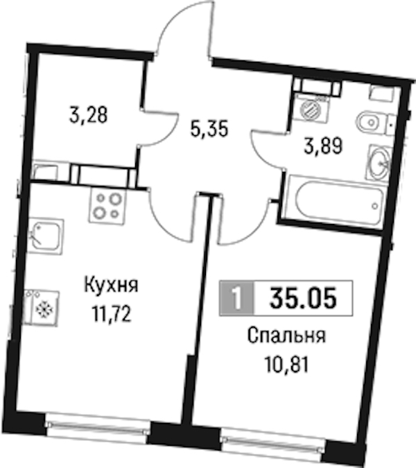 1-комнатная квартира 35.05 м², 4/18 эт., ЖК «Авиатор»