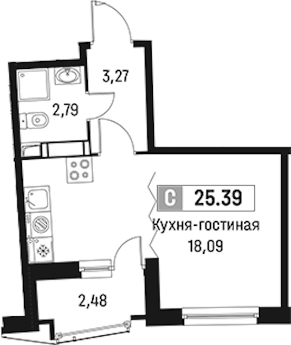 Квартира студия 25.39 м², 5/18 эт., ЖК «Авиатор»