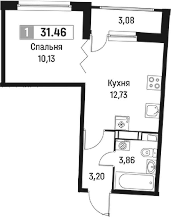 1-комнатная квартира 31.46 м², 5/18 эт., ЖК «Авиатор»
