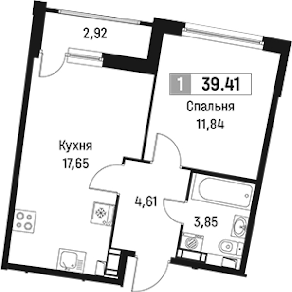1-комнатная квартира 39.41 м², 5/18 эт., ЖК «Авиатор»
