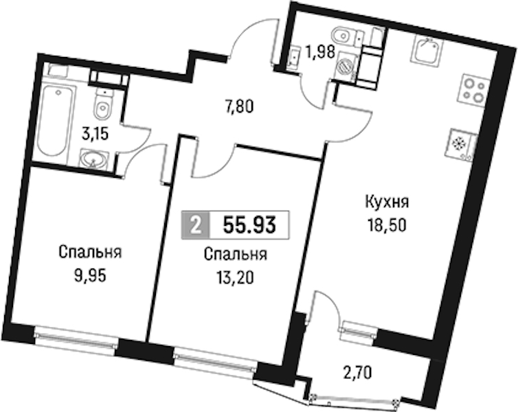 2-комнатная квартира 55.93 м², 5/18 эт., ЖК «Авиатор»